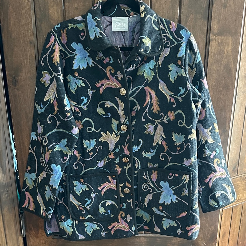 Vintage BLAIR Black Floral Paisley Women's Large Jacket Tapestry Blazer Coat